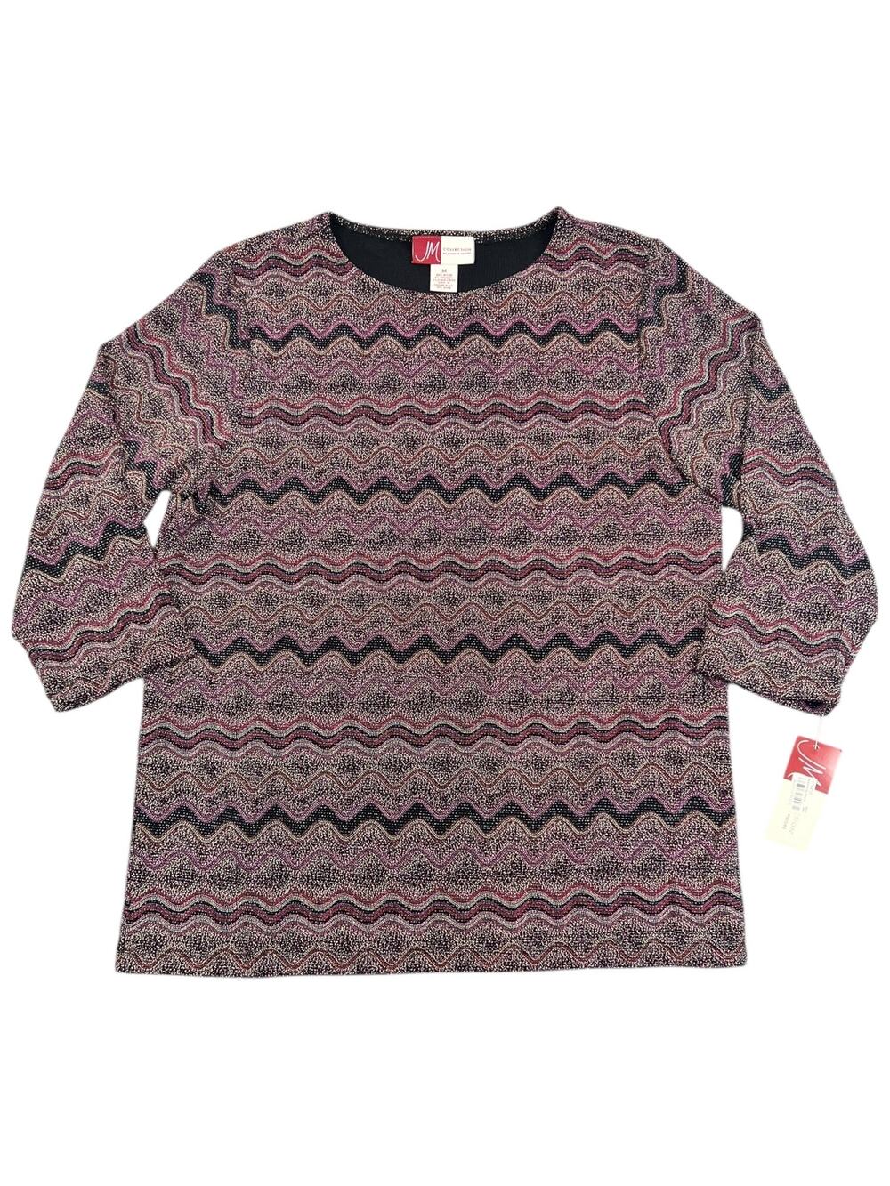 NWT JM Collection Textured Zigzag Glittery Knit Top Burgundy Black - M